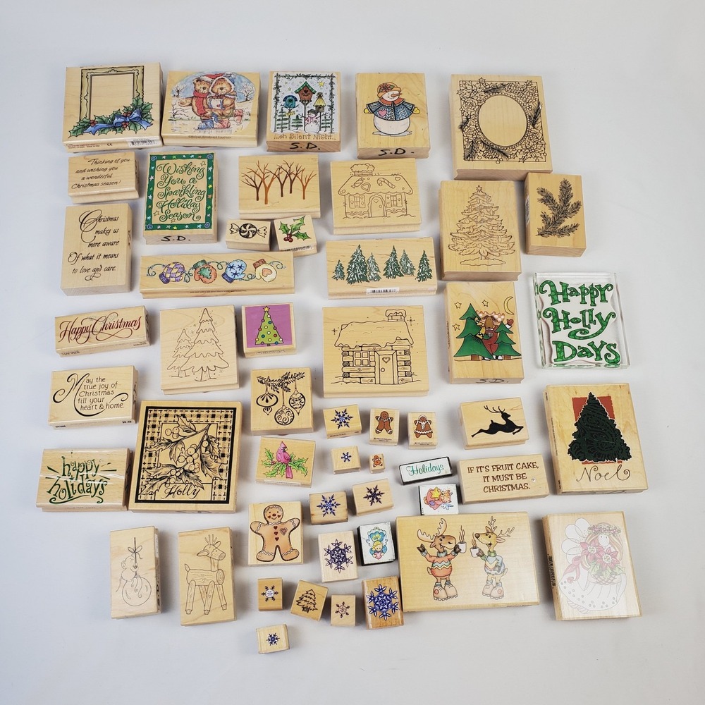 Lot Of 53 Wood Rubber Stamps Christmas Holiday Winter Festive Snowflakes